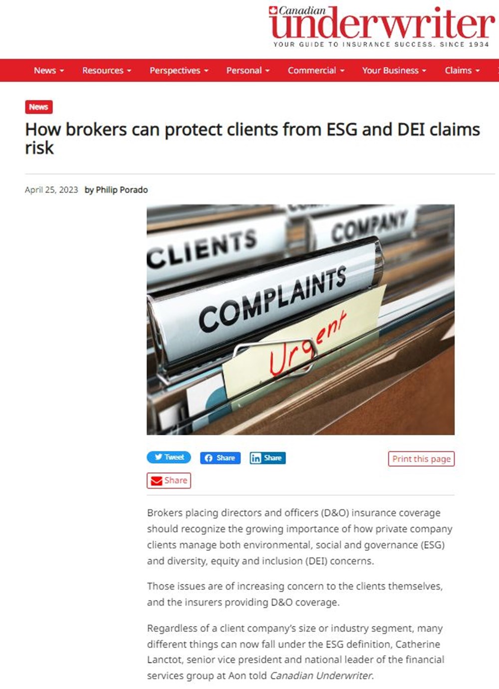 Capture d'écran de l'article "How brokers can protect clients from ESG and DEI claims risk" en anglais